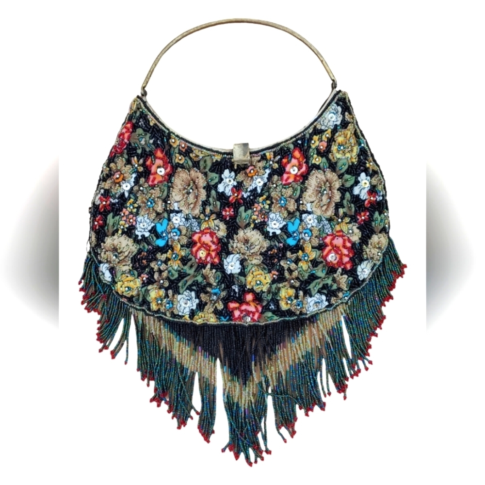 Vintage Floral Beaded Evening Bag with Beaded Fringe and Metal Clasp Clo…
